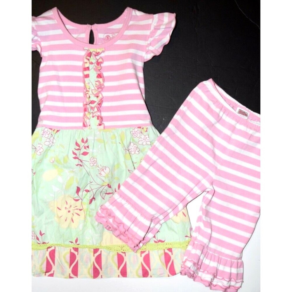 EUC RUFFLE BUTTS FLORAL DRESS PINK GREEN CAPRI STRIPED PANTS 2 PC SET SIZE 8